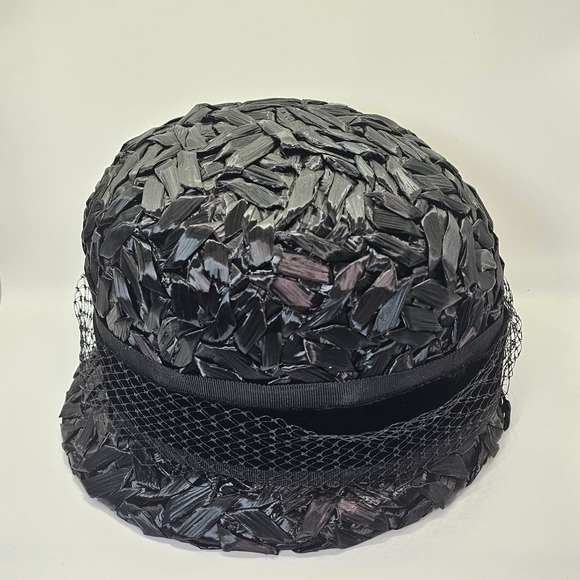 Vintage 60s Black Raffia Pillbox Hat ILGWU Jackie O Mod Cocktail‎ Mad Men main image 11
